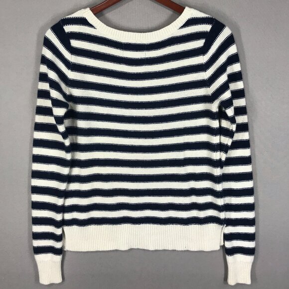 American Eagle Sweater Womens Medium Blue White Striped Pullover Knit Round Slit - Picture 2 of 12